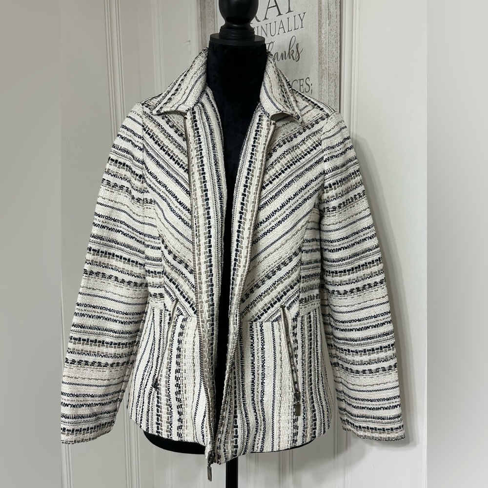 Chico's Women Tweed Zip Up Jacket Size 1 Black White Striped U.S. sz 8/10